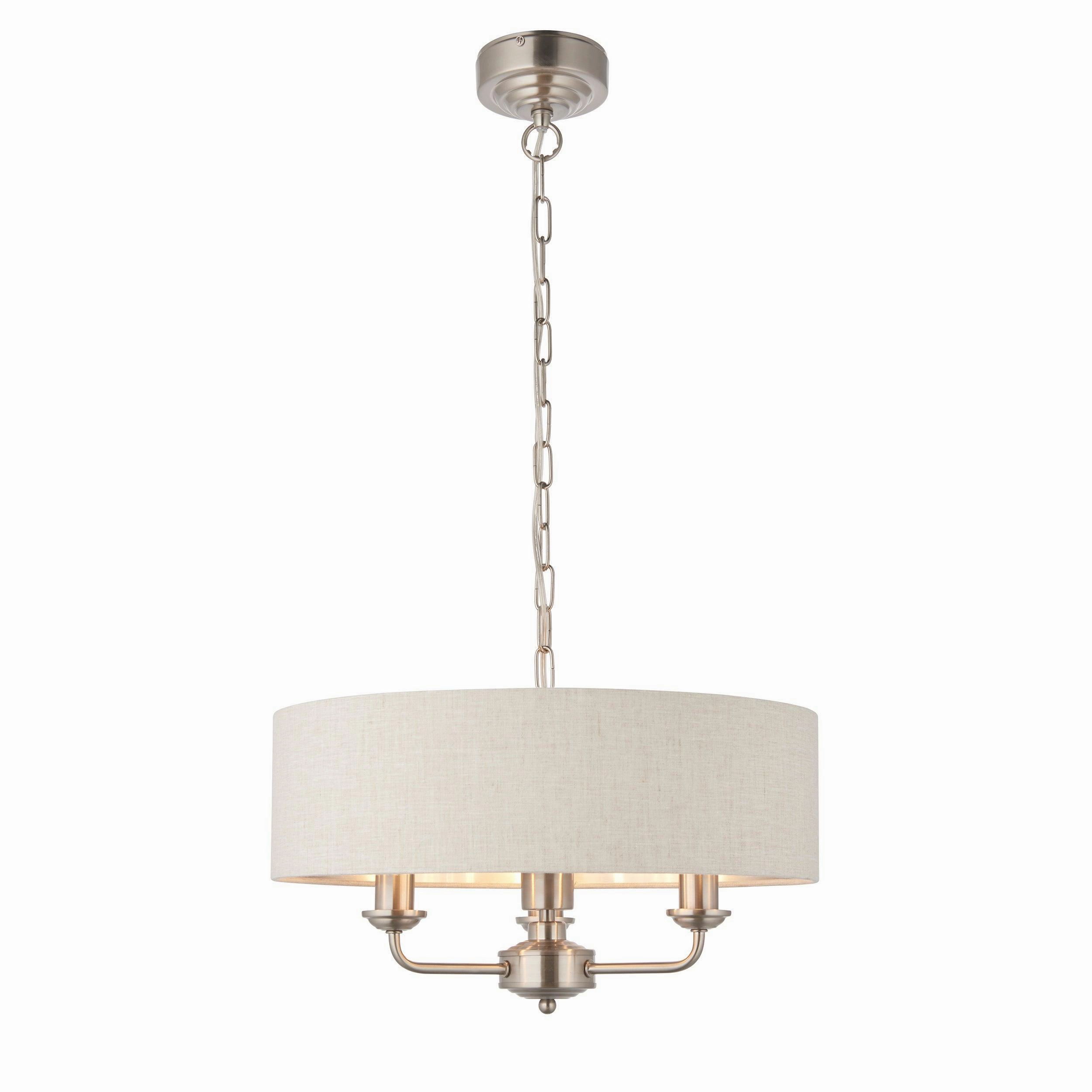 Endon Highclere Brushed Chrome 3 Light Pendant - Natural Linen Shade