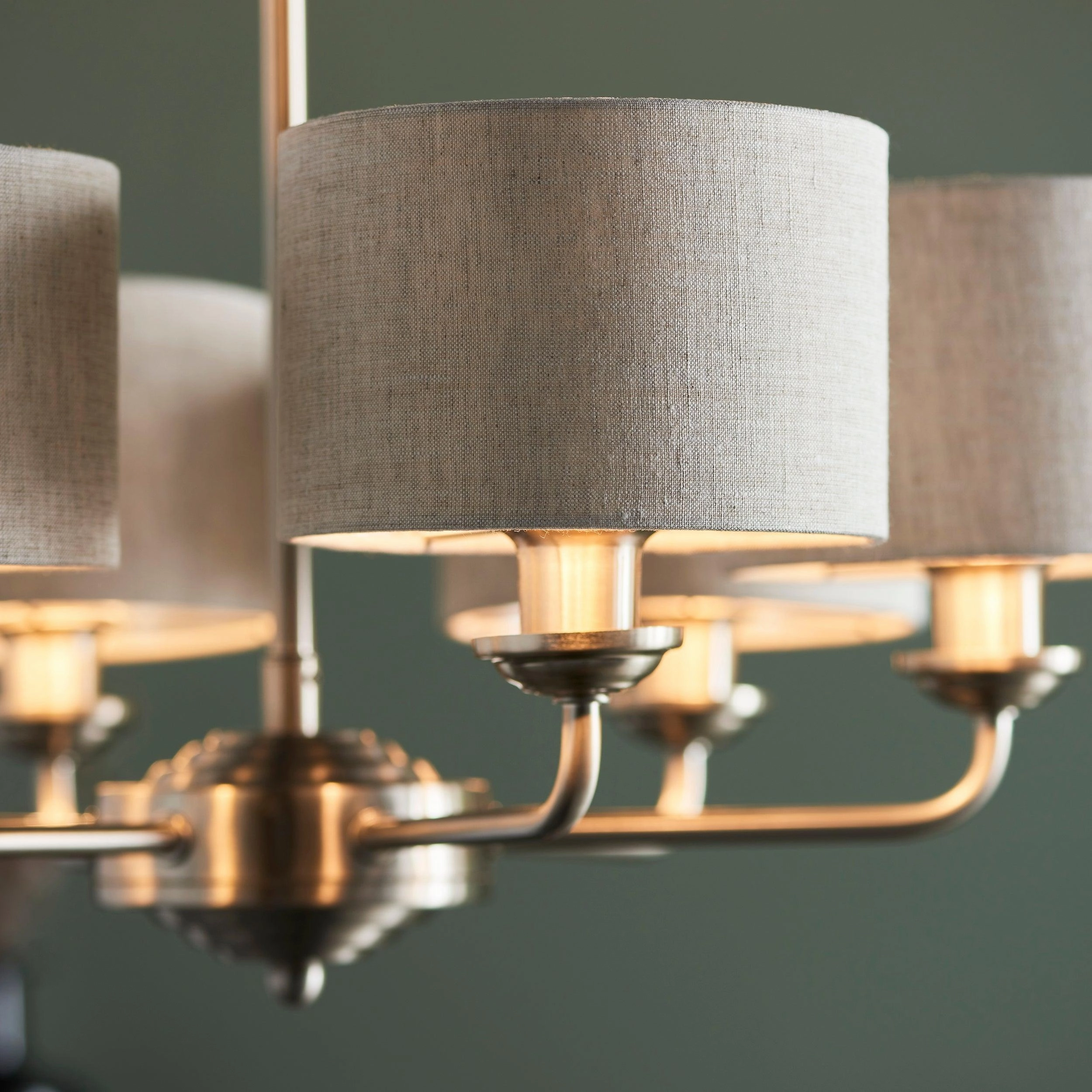 Endon Highclere Brushed Chrome 6 Arm Pendant - Natural Linen Shades