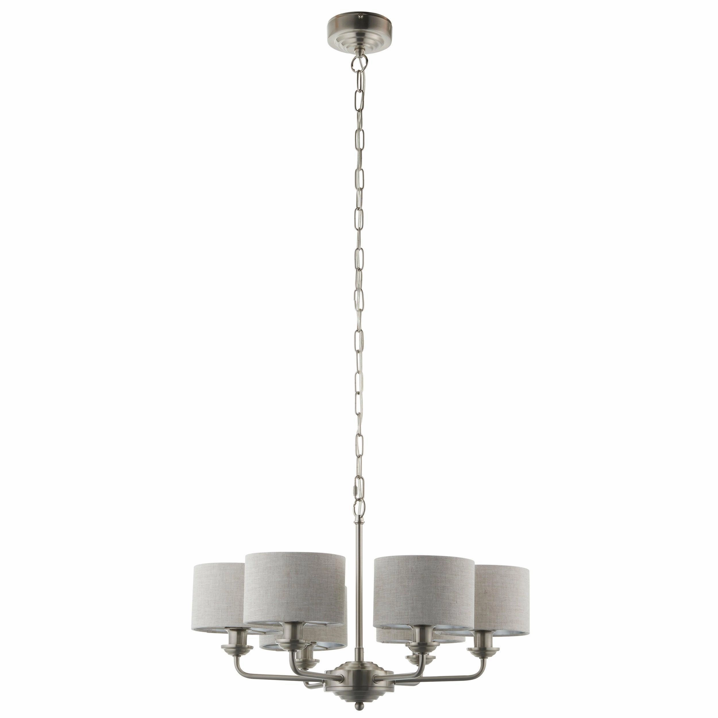 Endon Highclere Brushed Chrome 6 Arm Pendant - Natural Linen Shades