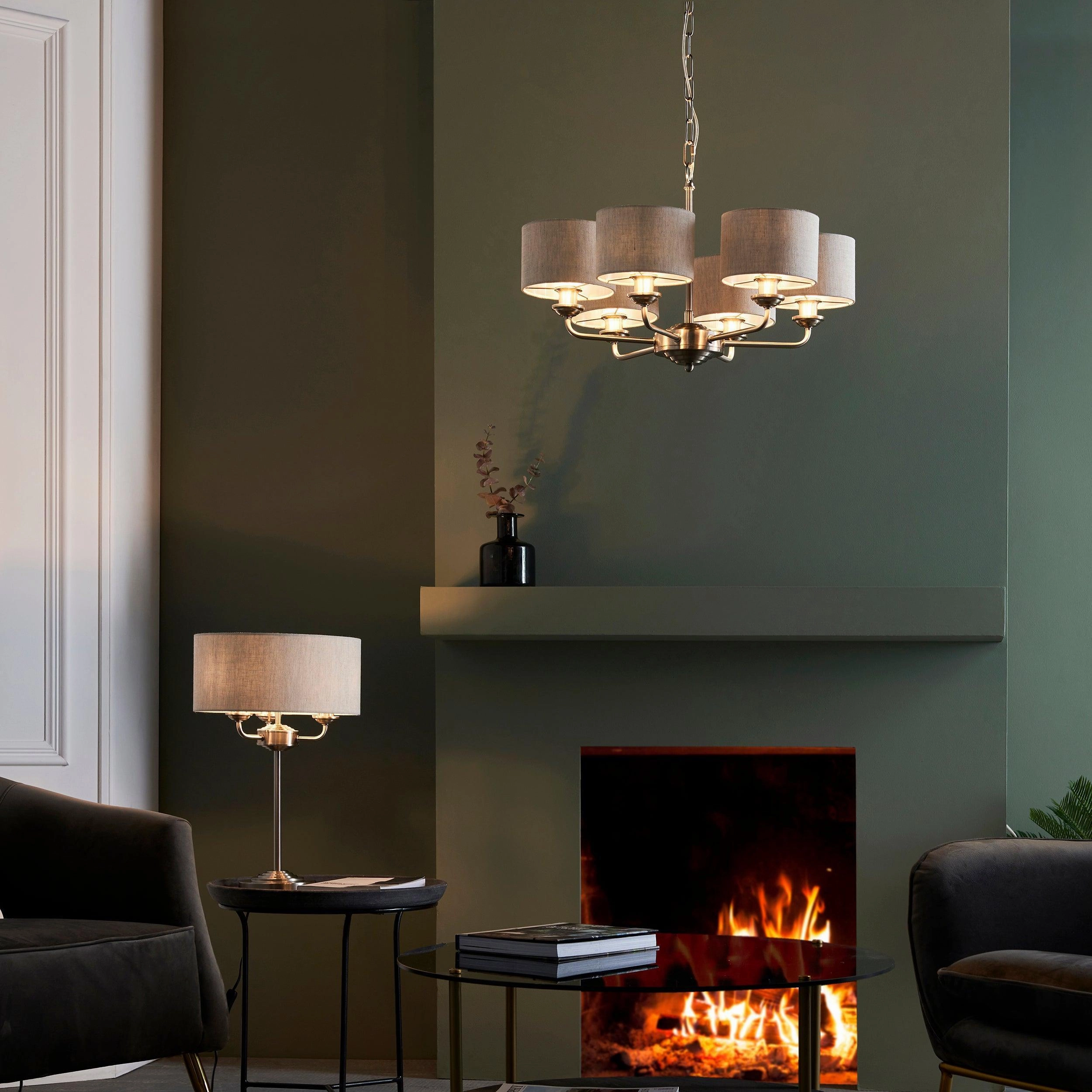 Endon Highclere Brushed Chrome 6 Arm Pendant - Natural Linen Shades
