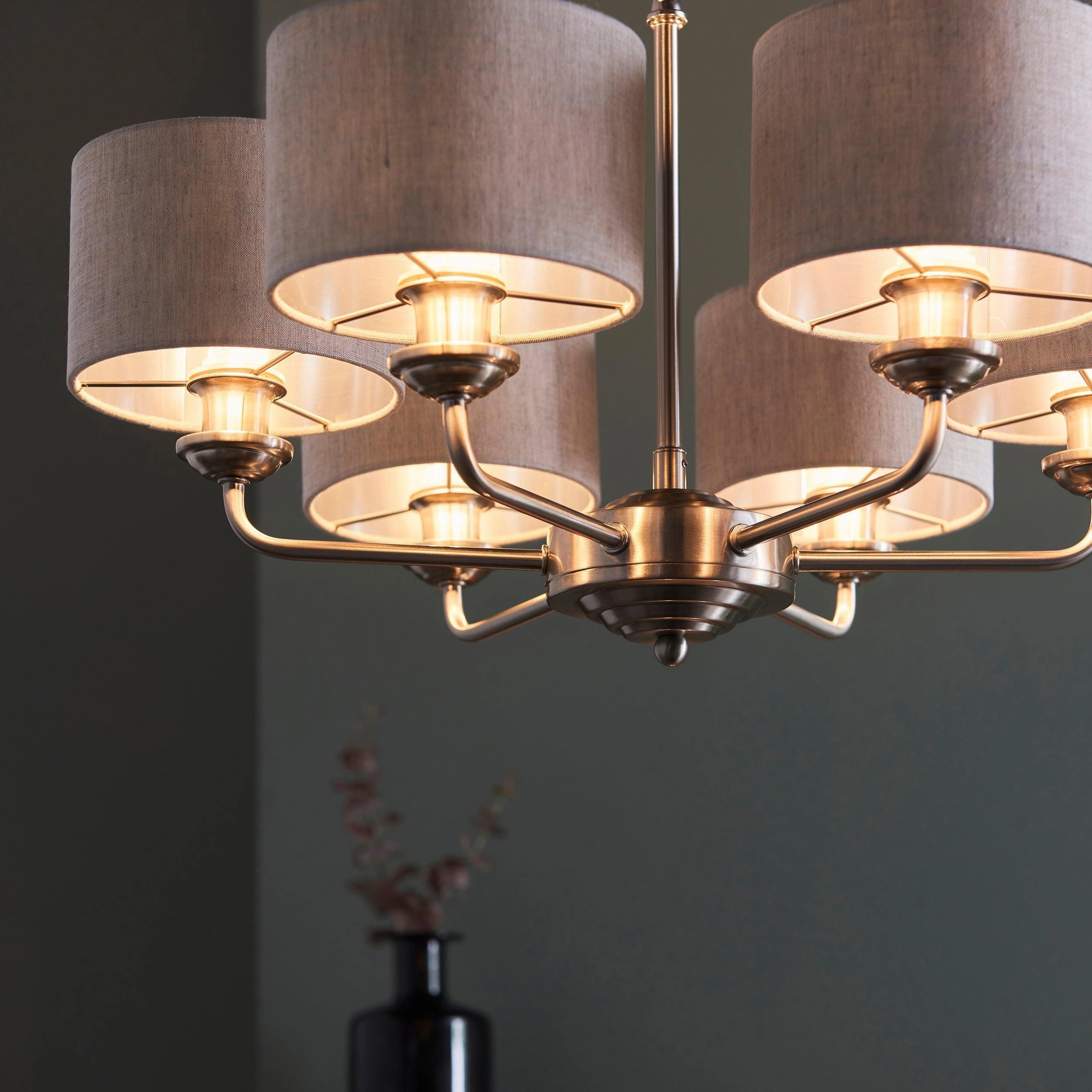 Endon Highclere Brushed Chrome 6 Arm Pendant - Natural Linen Shades