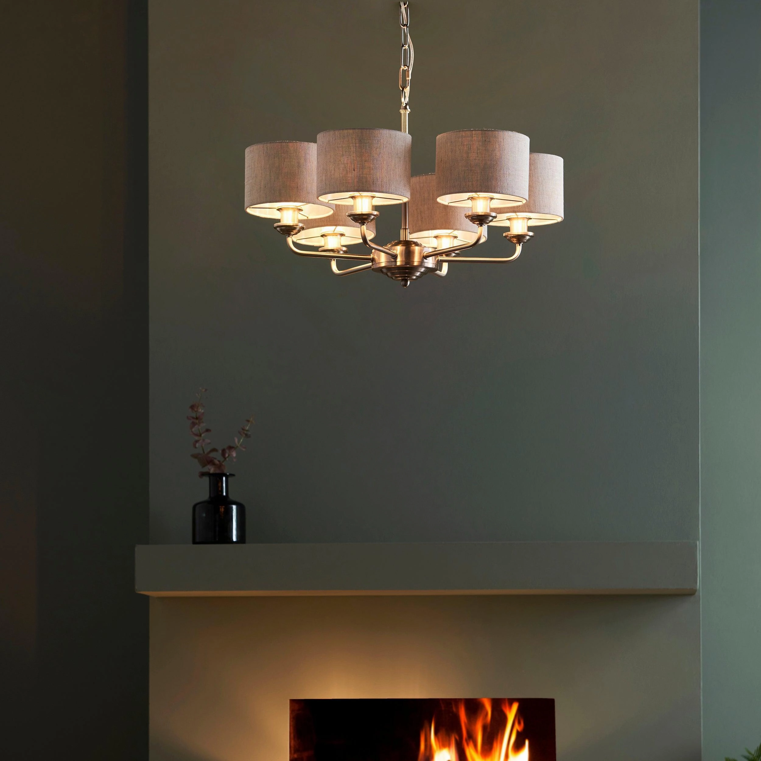 Endon Highclere Brushed Chrome 6 Arm Pendant - Natural Linen Shades