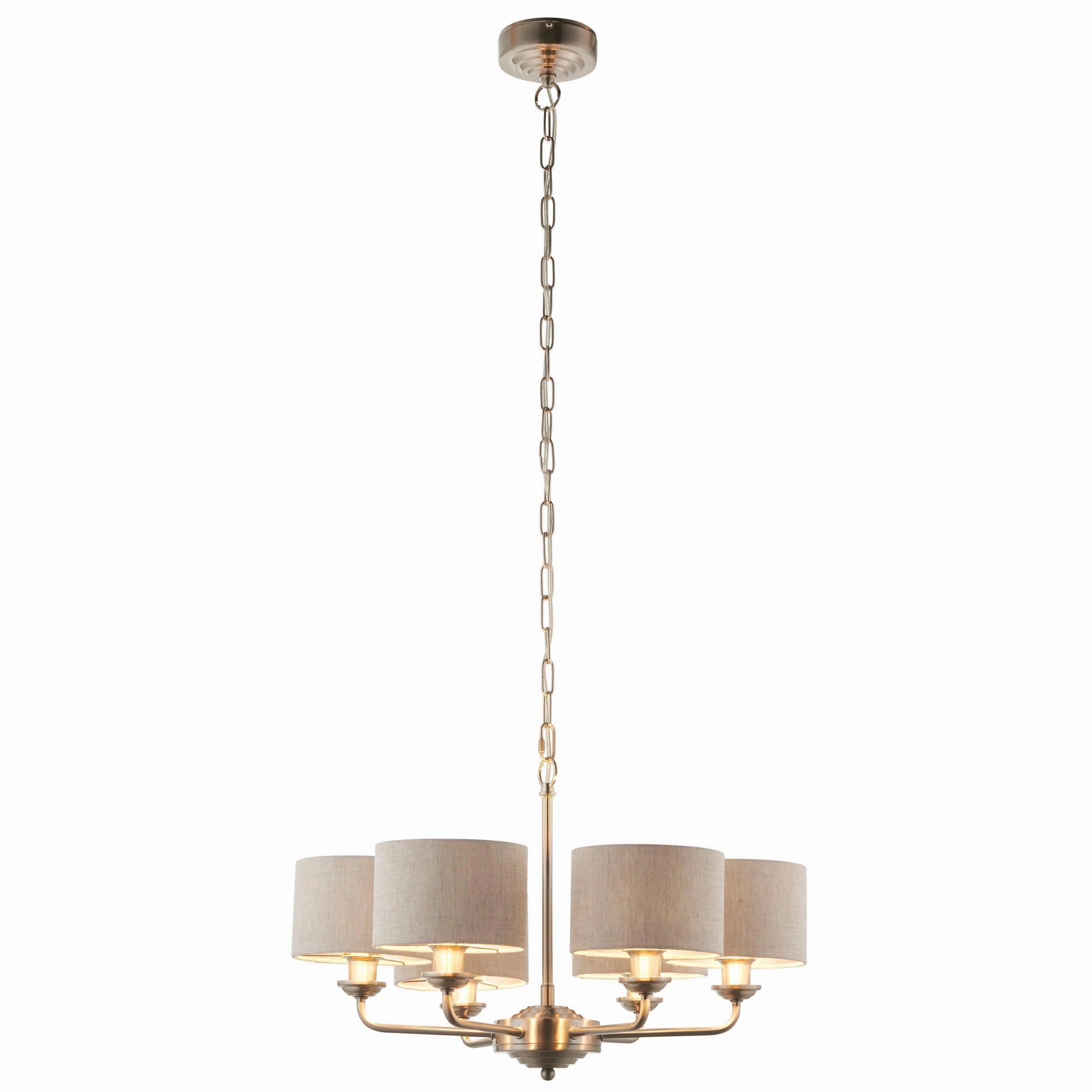 Endon Highclere Brushed Chrome 6 Arm Pendant - Natural Linen Shades