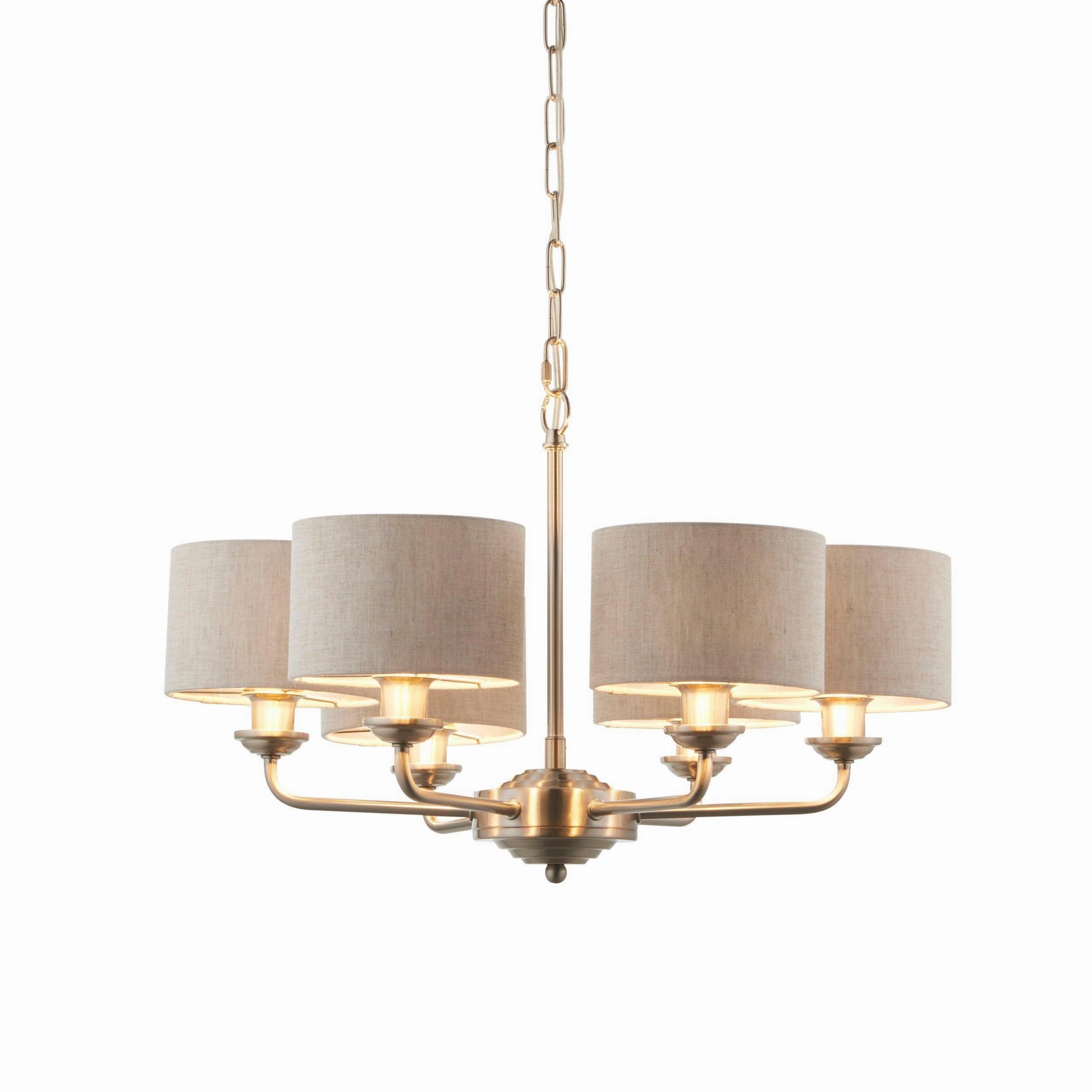 Endon Highclere Brushed Chrome 6 Arm Pendant - Natural Linen Shades
