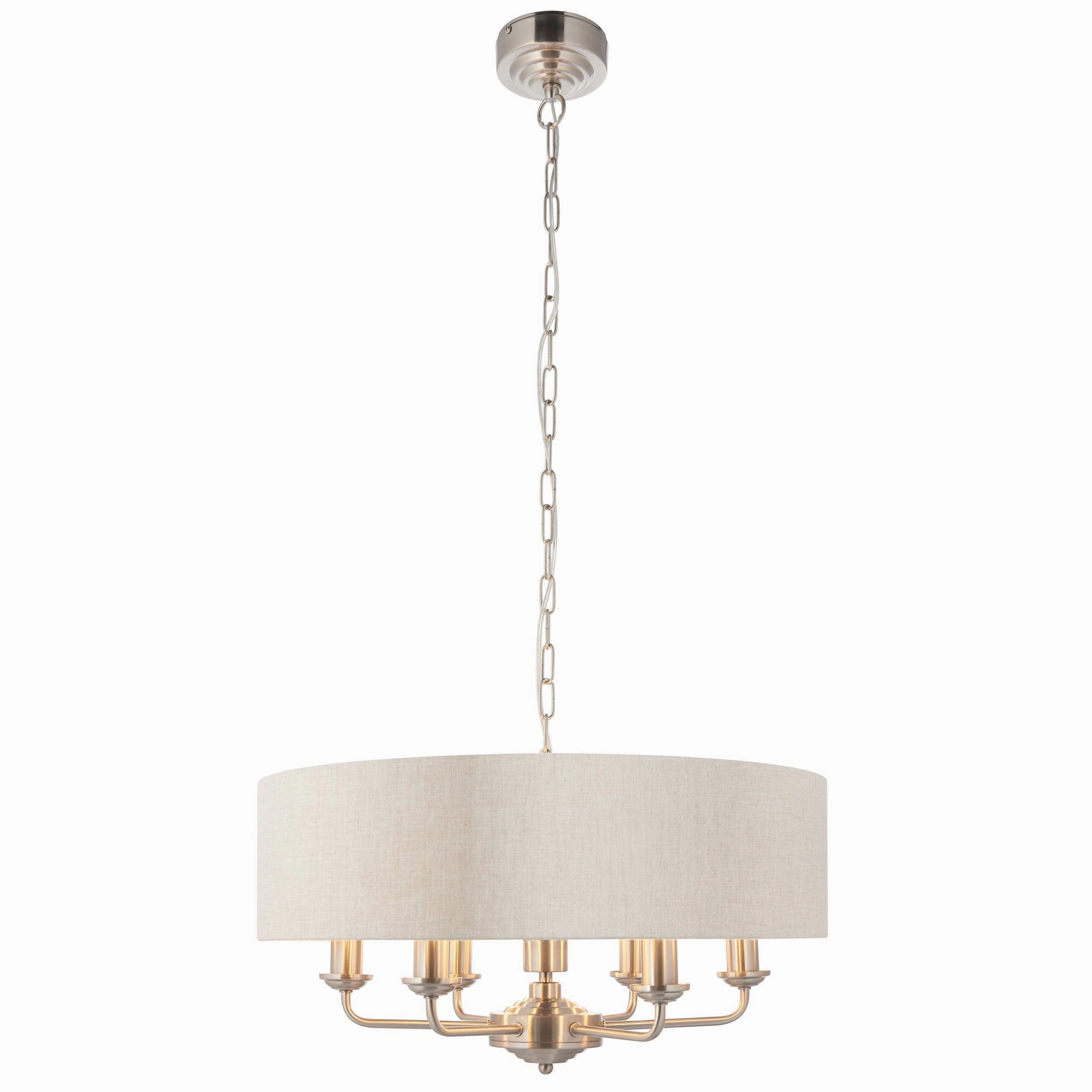 Endon Highclere Brushed Chrome 6 Light Pendant - Natural Linen Shade
