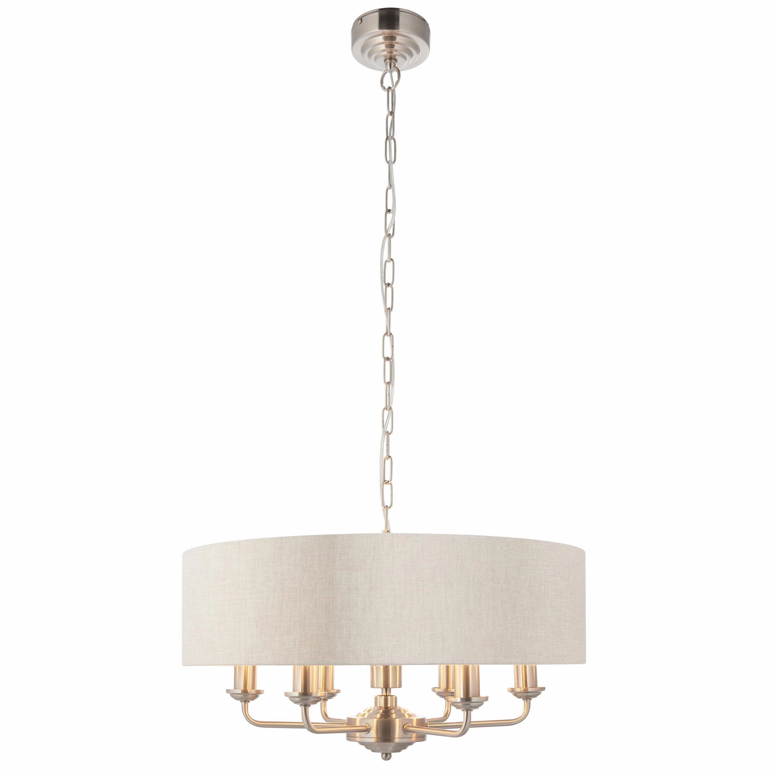 Endon Highclere Brushed Chrome 6 Light Pendant - Natural Linen Shade