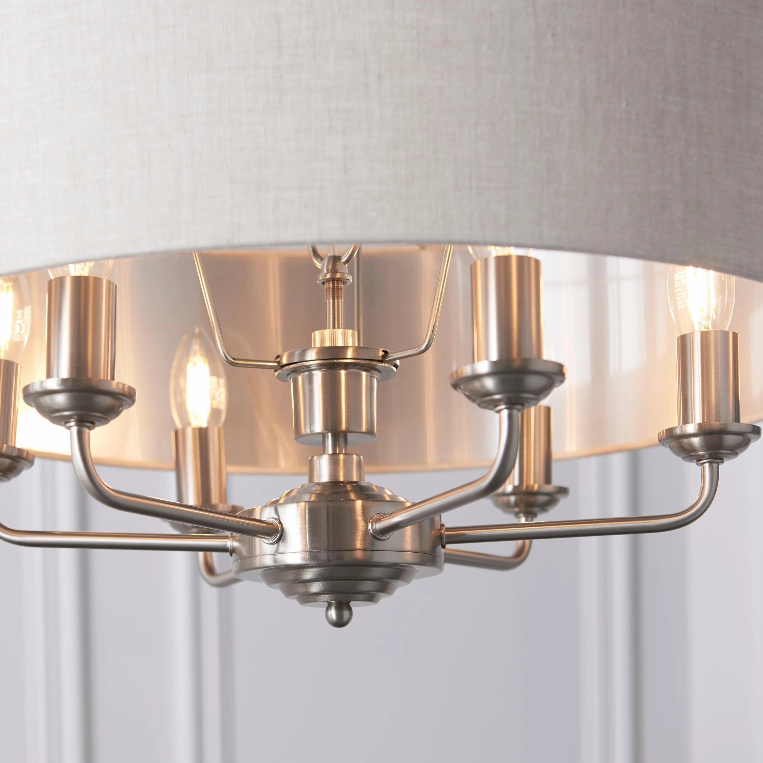 Endon Highclere Brushed Chrome 6 Light Pendant - Natural Linen Shade