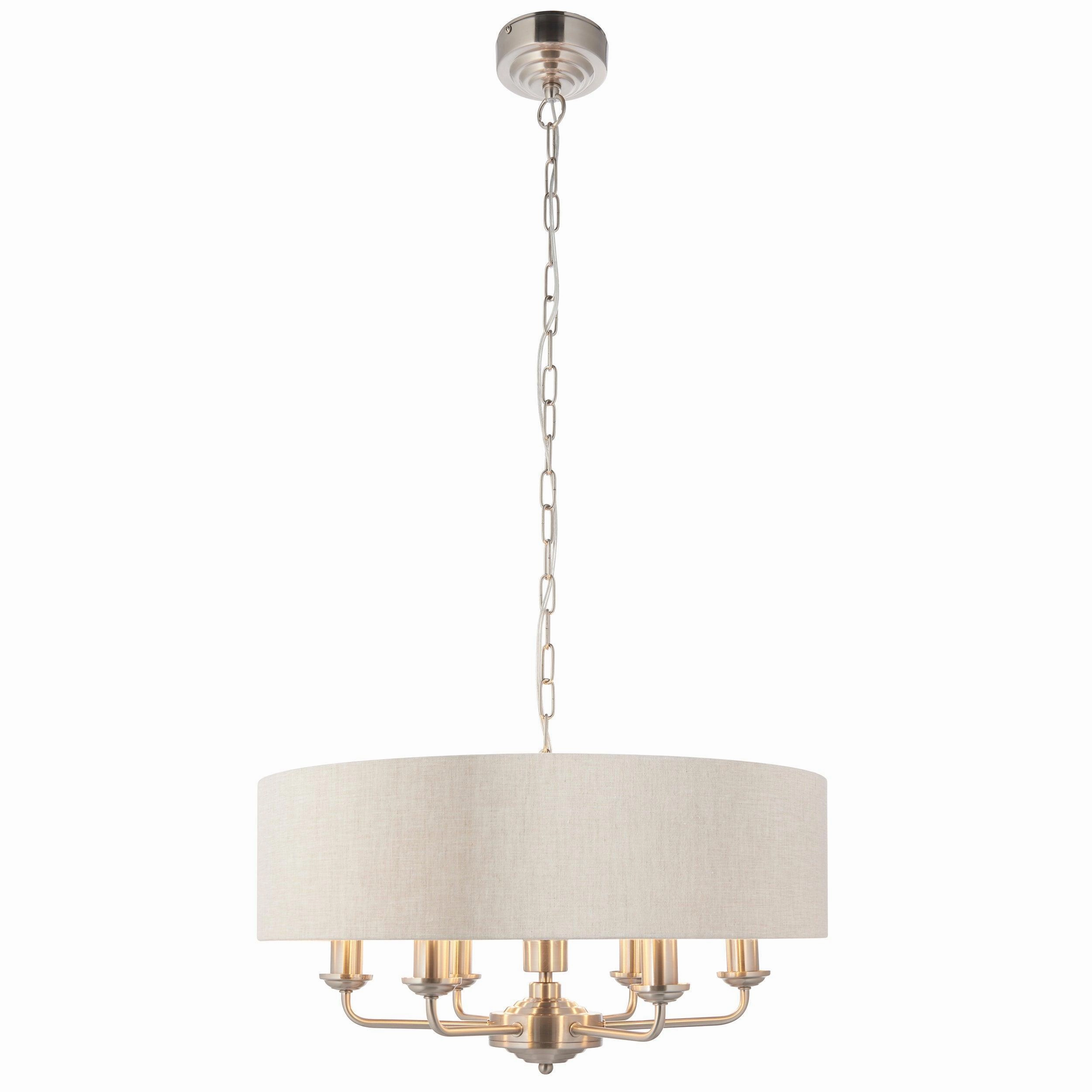 Endon Highclere Brushed Chrome 6 Light Pendant - Natural Linen Shade
