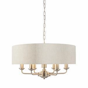 Endon Highclere Brushed Chrome 6 Light Pendant - Natural Linen Shade
