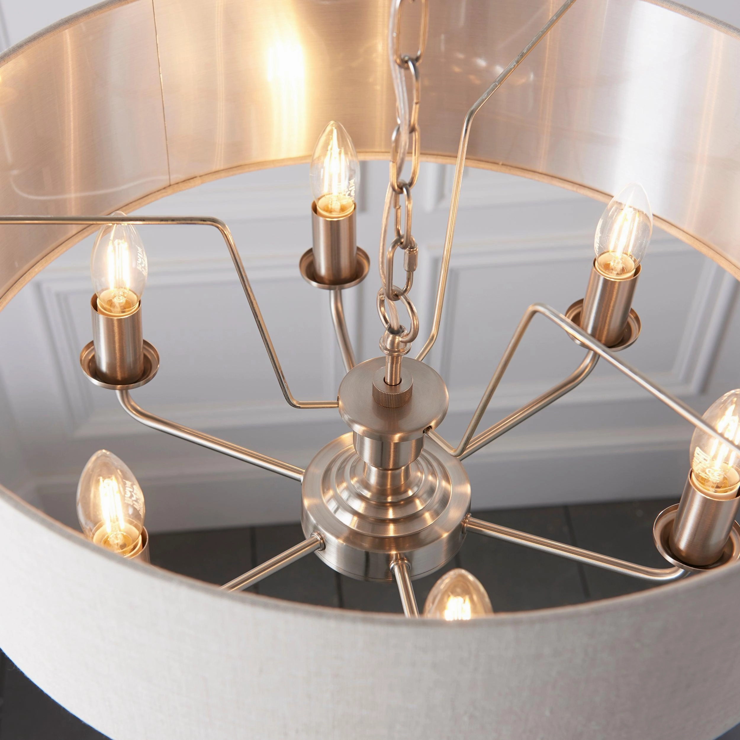 Endon Highclere Brushed Chrome 6 Light Pendant - Natural Linen Shade