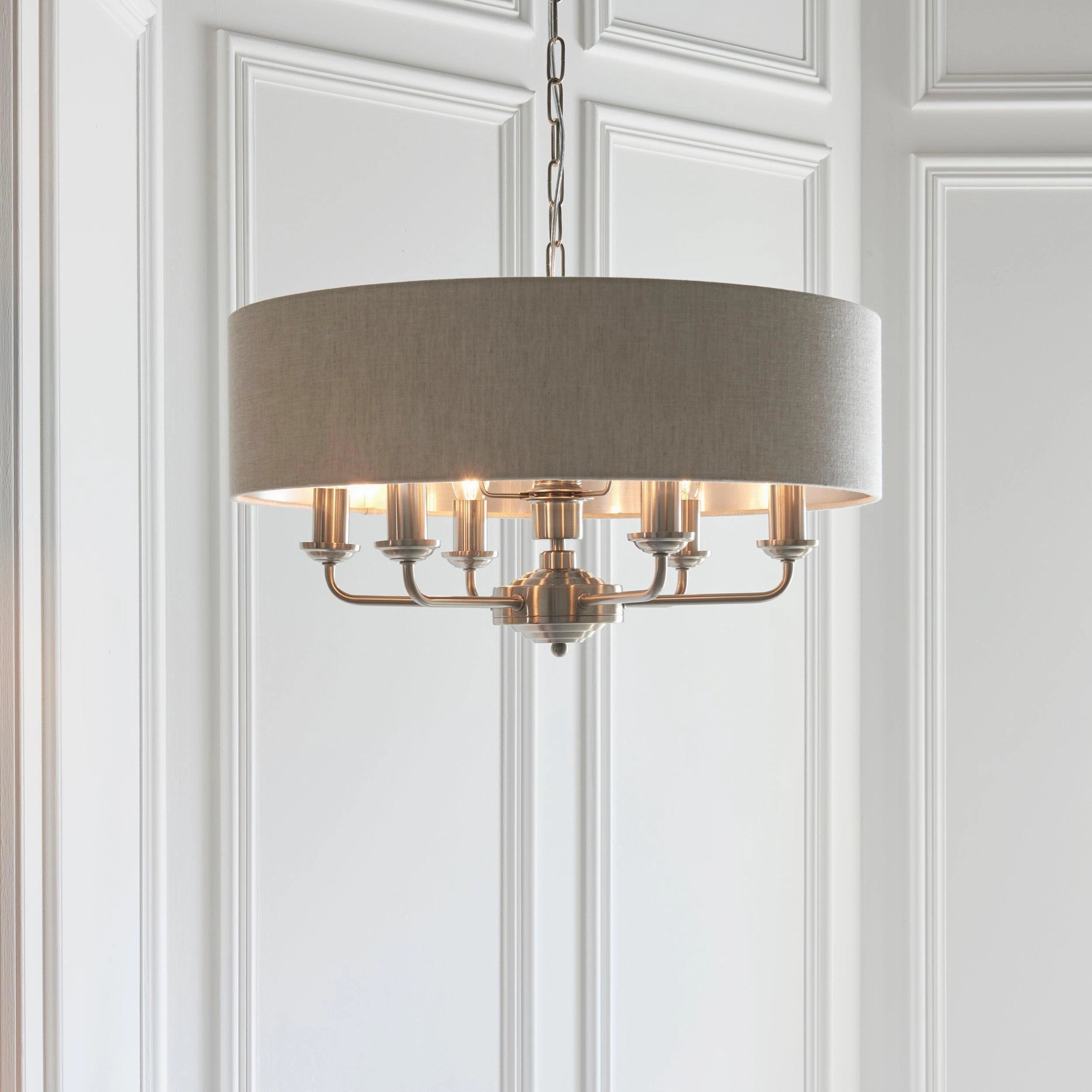 Endon Highclere Brushed Chrome 6 Light Pendant - Natural Linen Shade