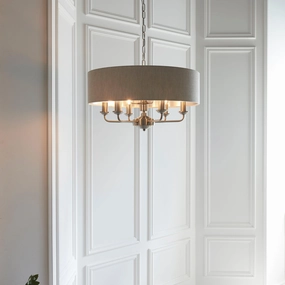 Endon Highclere Brushed Chrome 6 Light Pendant - Natural Linen Shade modern ceiling lamp