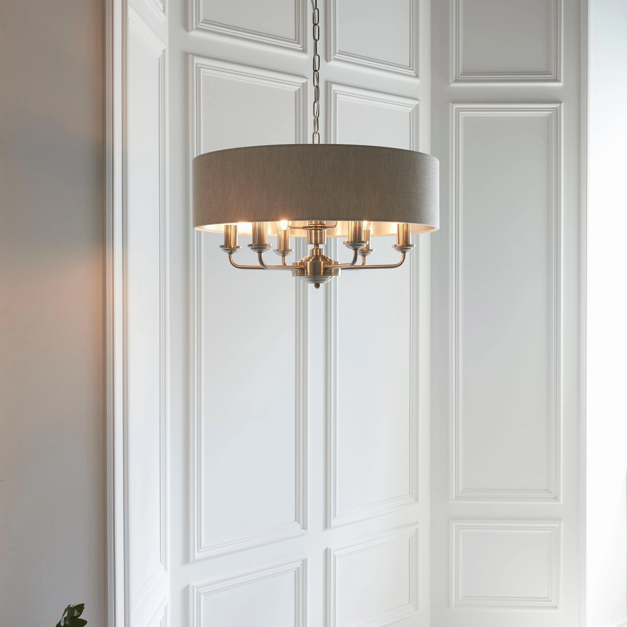 Endon Highclere Brushed Chrome 6 Light Pendant - Natural Linen Shade modern ceiling lamp
