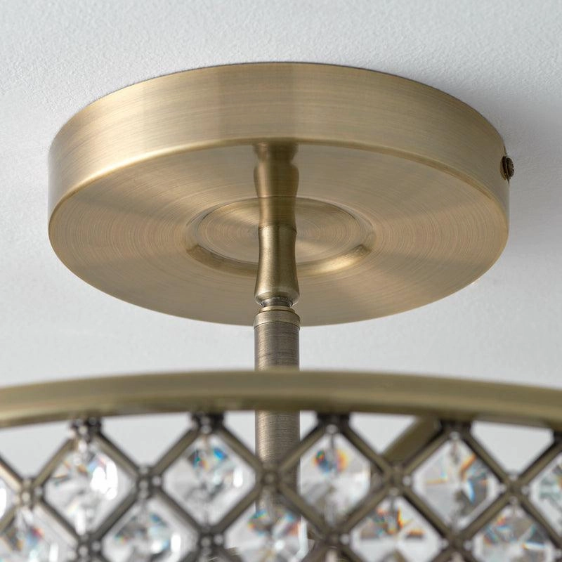 Endon Hudson Antique Brass & Crystal Glass 3 Light Semi Flush