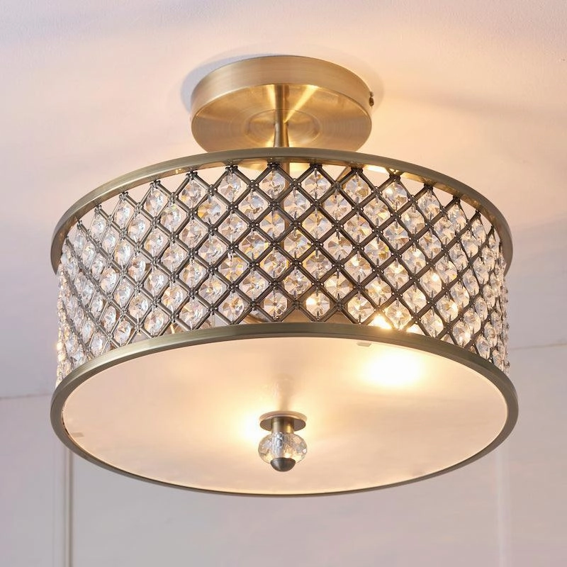 Endon Hudson Antique Brass & Crystal Glass 3 Light Semi Flush