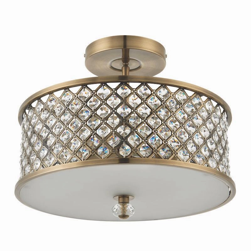 Endon Hudson Antique Brass & Crystal Glass 3 Light Semi Flush