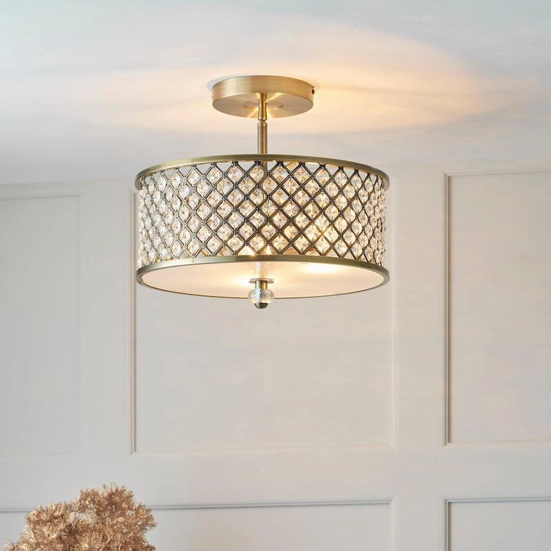 Endon Hudson Antique Brass & Crystal Glass 3 Light Semi Flush