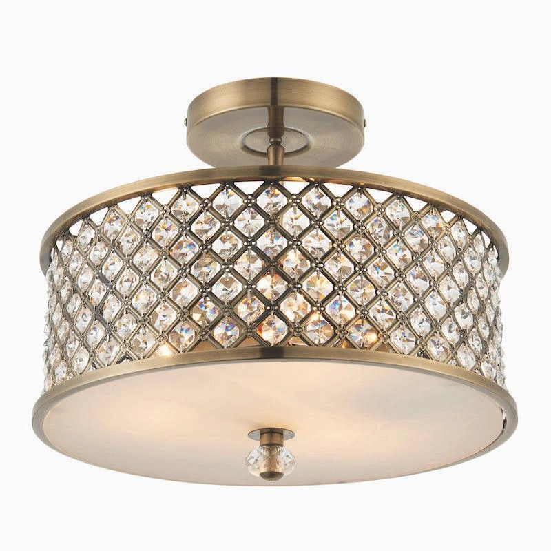 Endon Hudson Antique Brass & Crystal Glass 3 Light Semi Flush