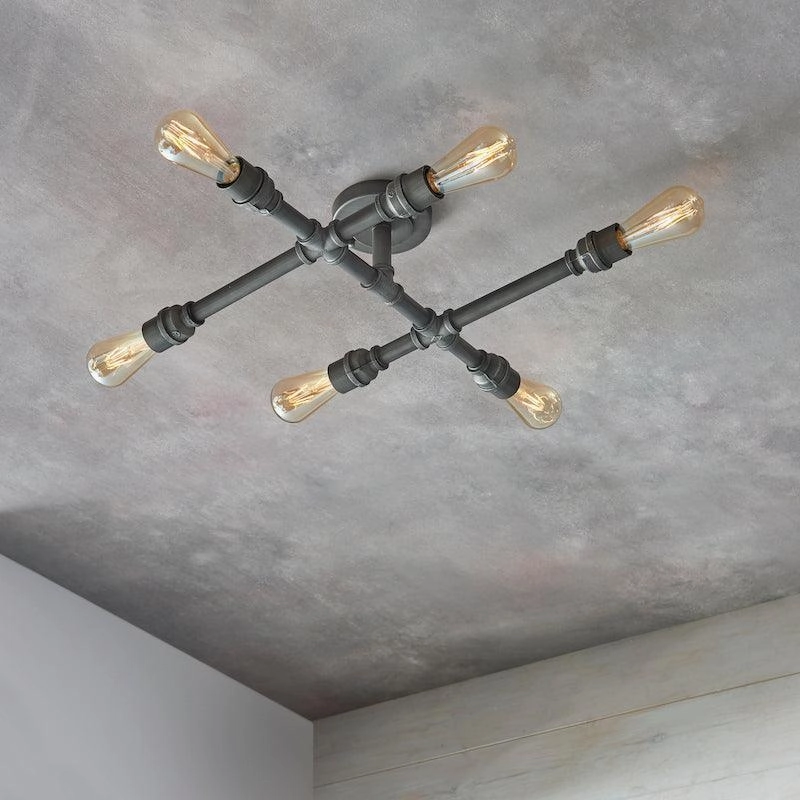 Endon Pipe 6 Light Aged Pewter Semi Flush Ceiling Light