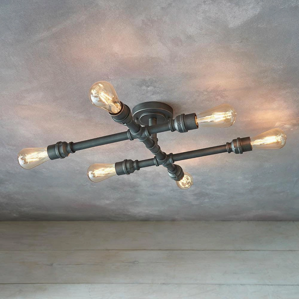 Endon Pipe 6 Light Aged Pewter Semi Flush Ceiling Light