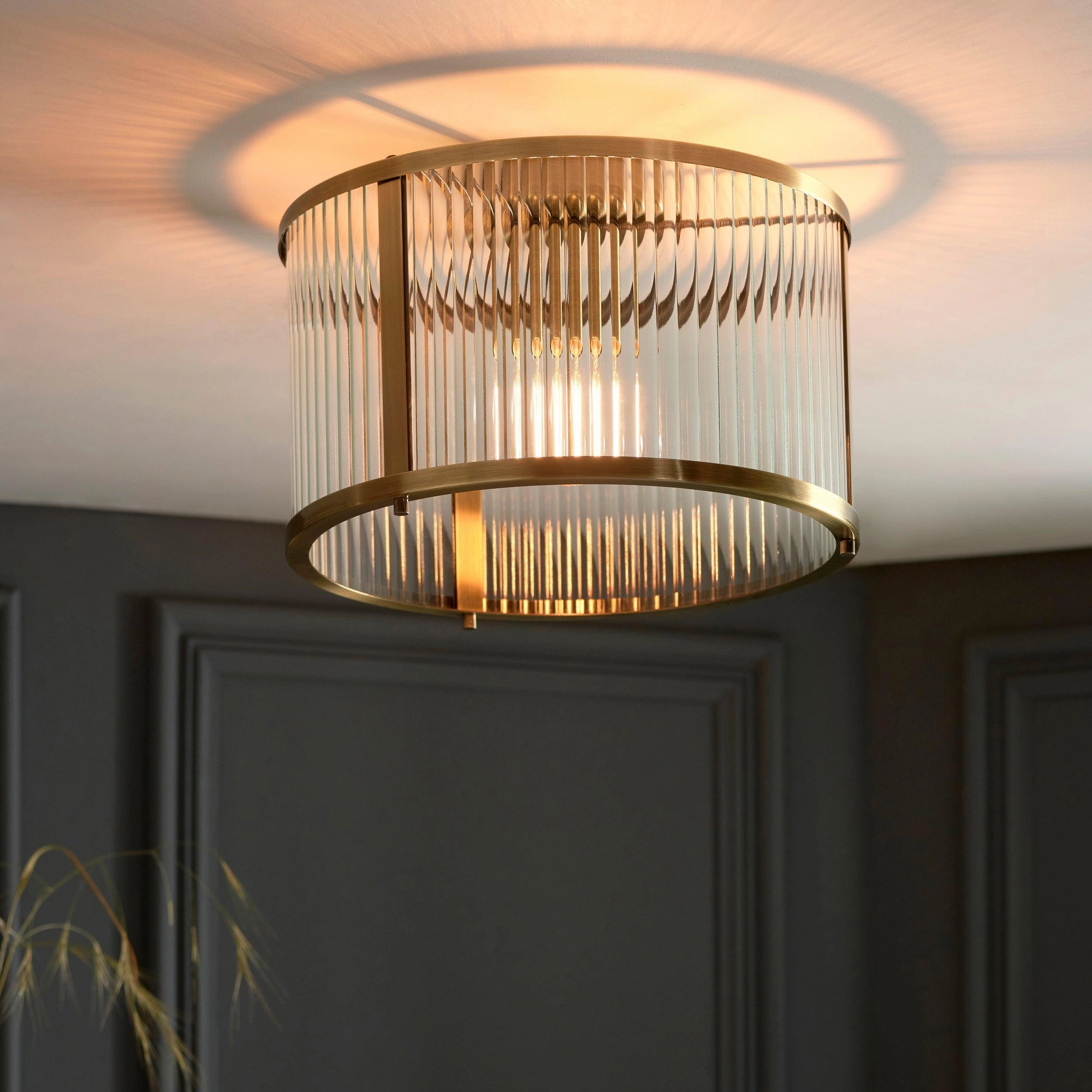 Endon Ridgeton Antique Brass & Ribbed Shade Glass Ceiling Flush