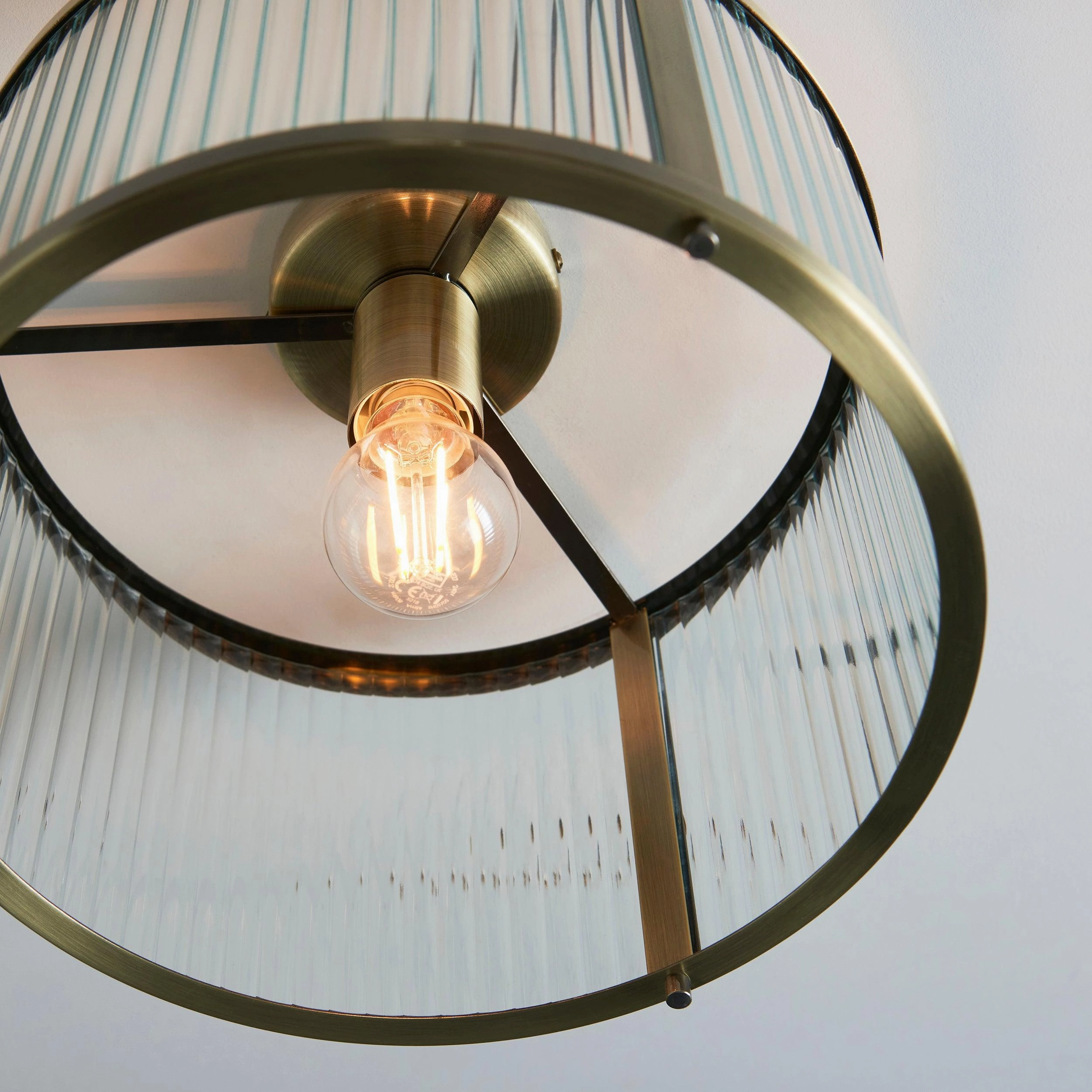 Endon Ridgeton Antique Brass & Ribbed Shade Glass Ceiling Flush