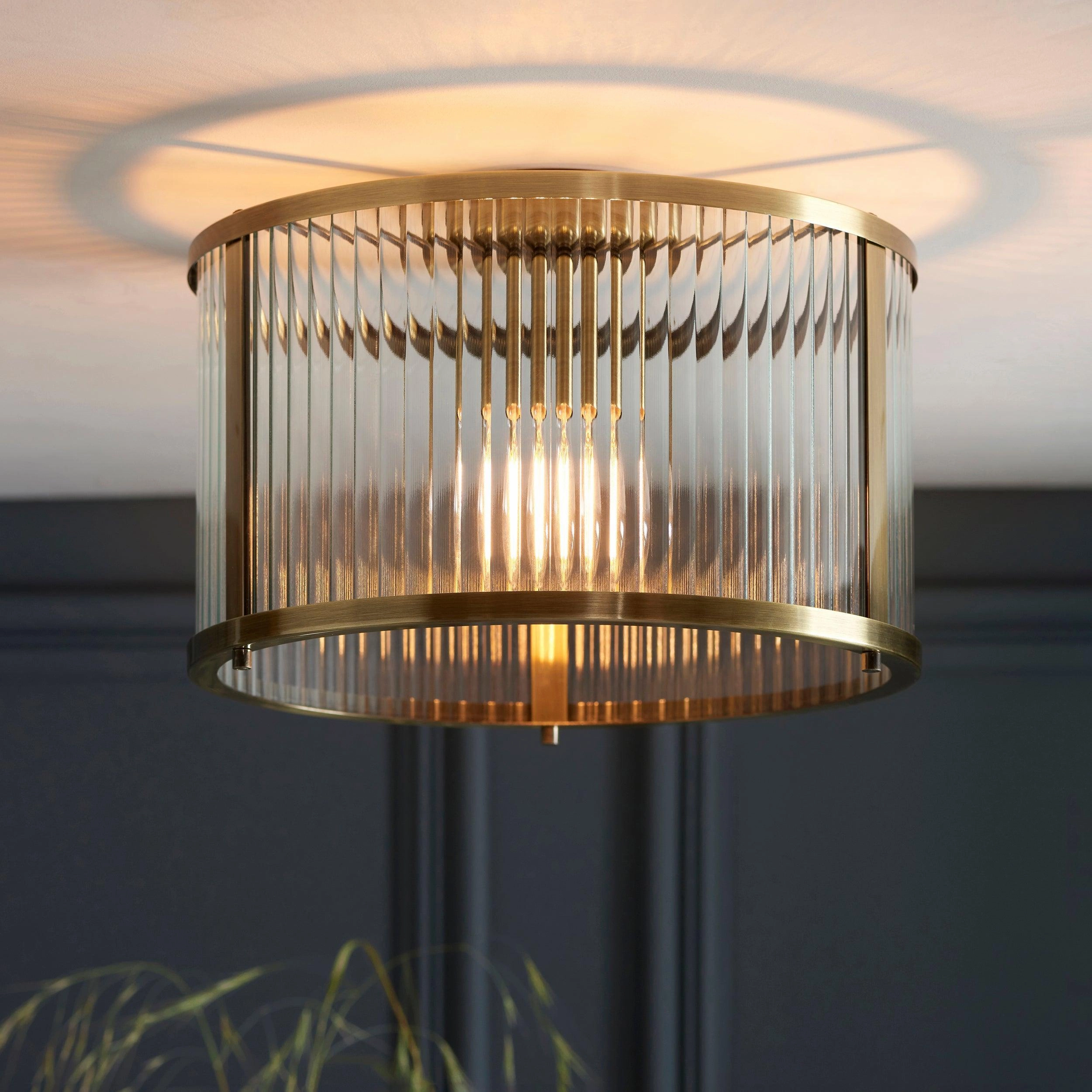 Endon Ridgeton Antique Brass & Ribbed Shade Glass Ceiling Flush simple ceiling design light