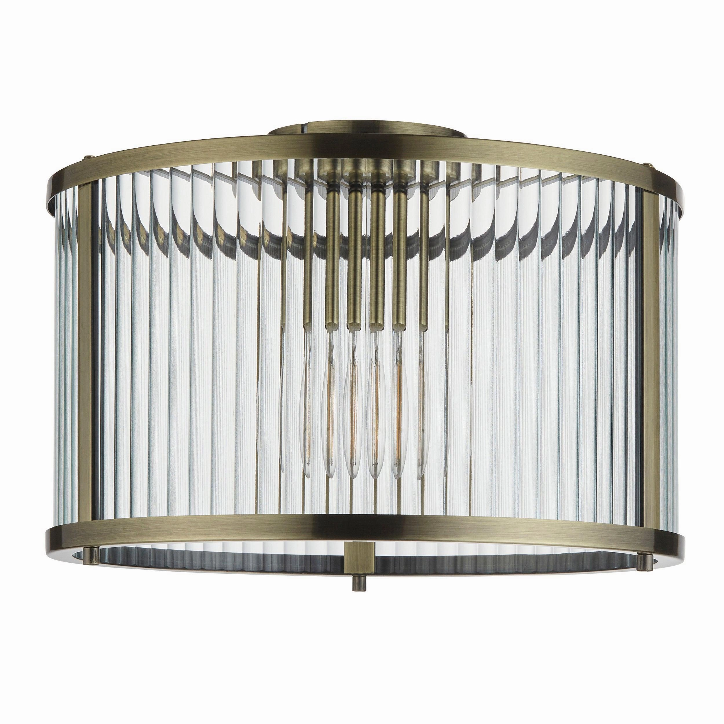 Endon Ridgeton Antique Brass & Ribbed Shade Glass Ceiling Flush