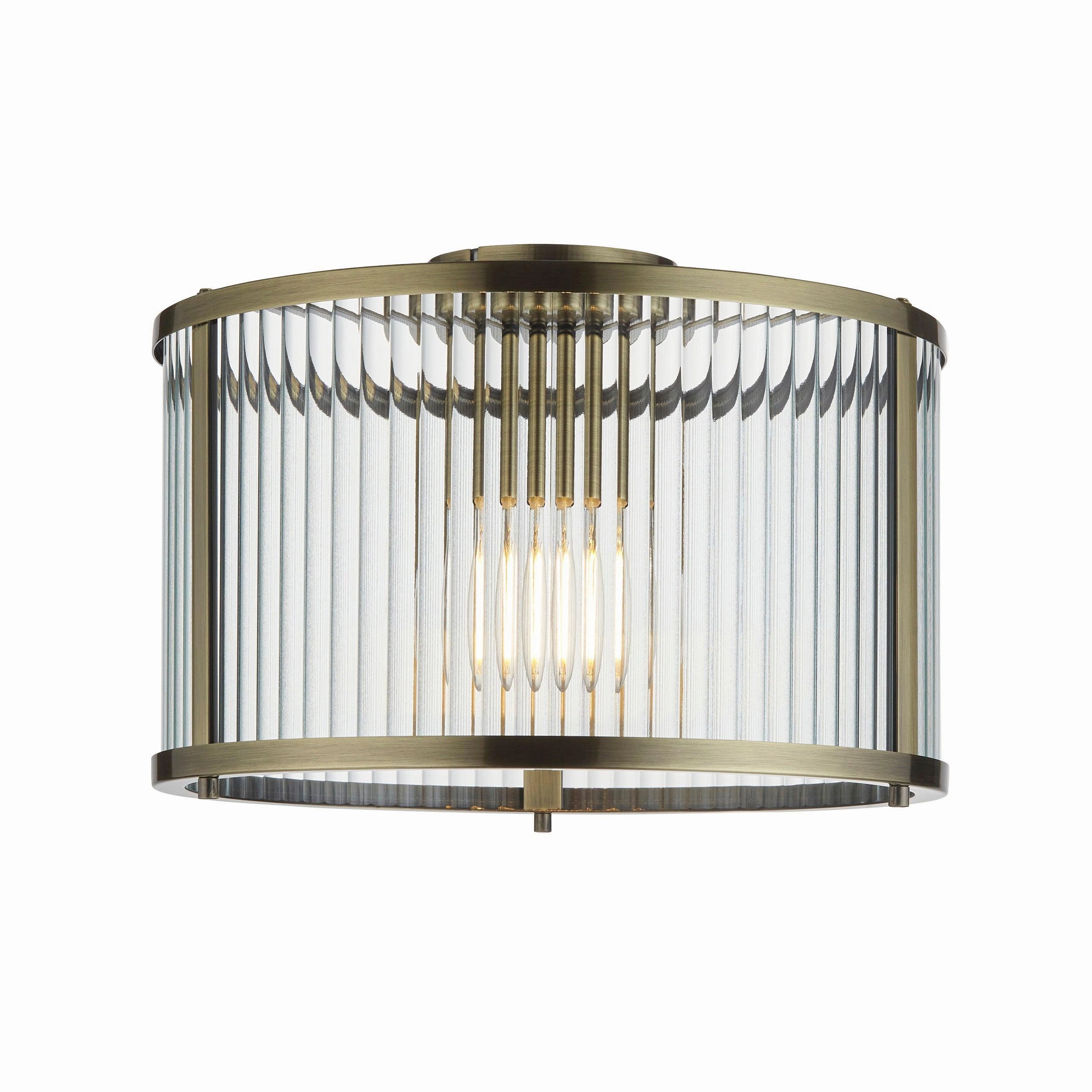 Endon Ridgeton Antique Brass & Ribbed Shade Glass Ceiling Flush