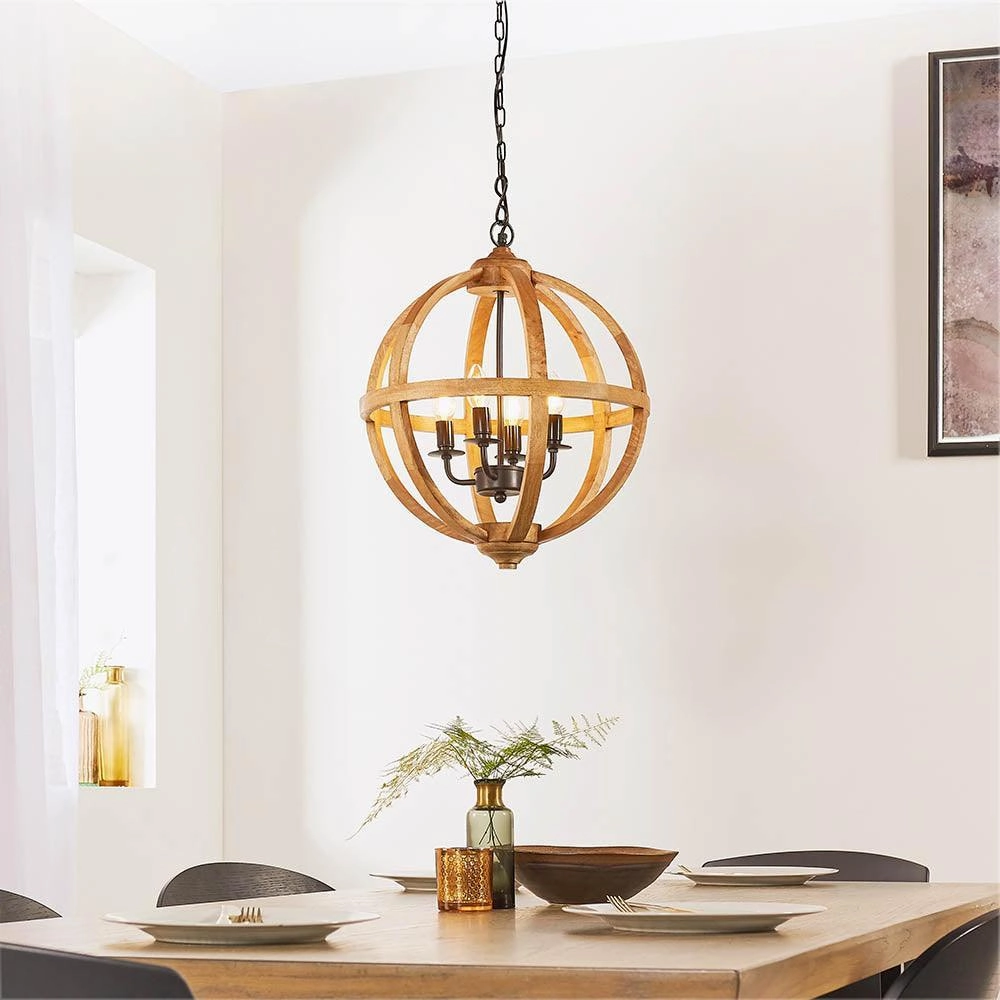 Endon Toba 4 Light Wood Ceiling Pendant Light