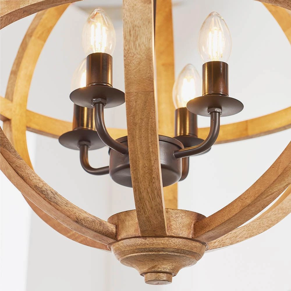 Endon Toba 4 Light Wood Ceiling Pendant Light