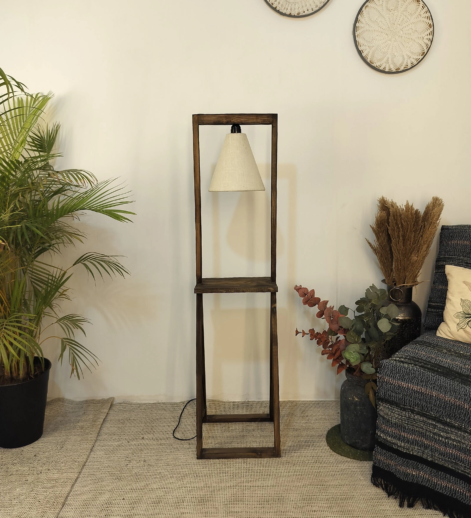 Euphoria Wooden Floor Lamp with Brown Base and Beige Fabric Lampshade (BULB NOT INCLUDED) garden LED light
