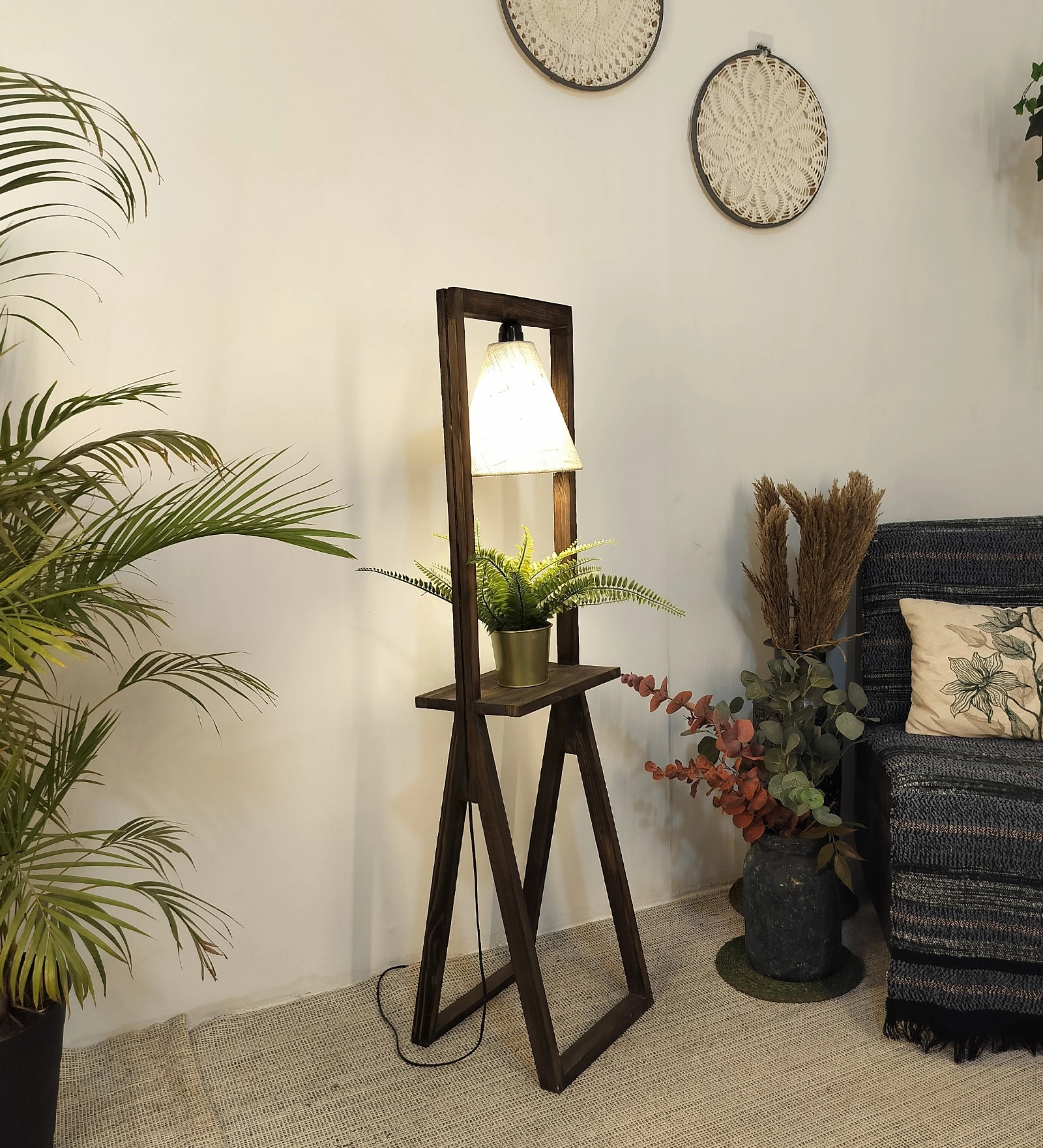 Euphoria Wooden Floor Lamp with Brown Base and Beige Fabric Lampshade (BULB NOT INCLUDED)