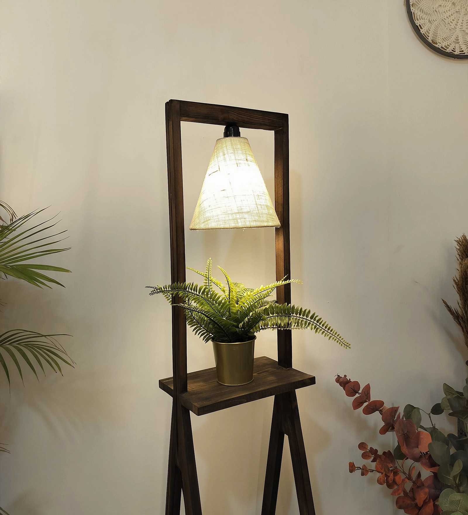 Euphoria Wooden Floor Lamp with Brown Base and Beige Fabric Lampshade (BULB NOT INCLUDED)