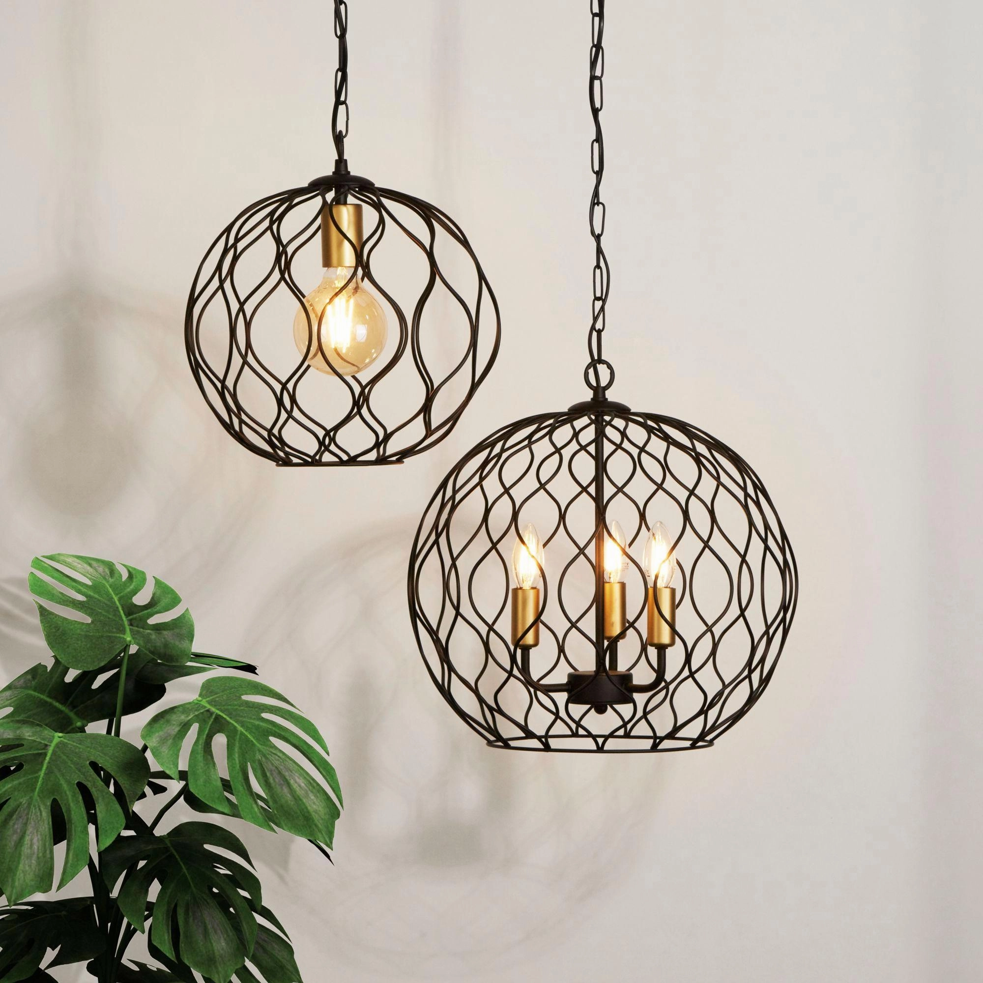 Finesse 3 Light Black Wavey Bar Round Pendant - Gold Holders