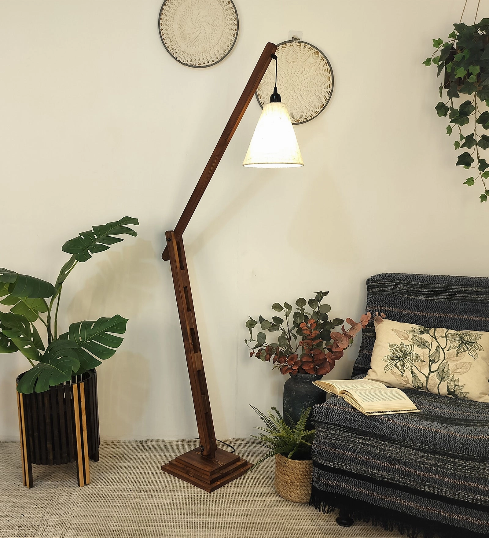 Fisher Wooden Floor Lamp with Brown Base and Jute Fabric Lampshade (BULB NOT INCLUDED) garden LED light