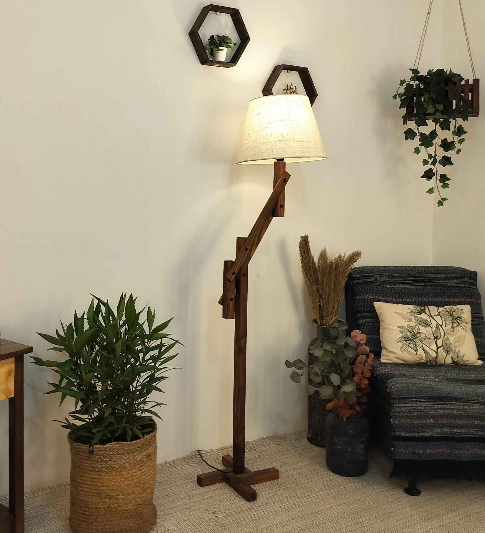 Flamingo Wooden Floor Lamp with Brown Base and Beige Fabric Lampshade