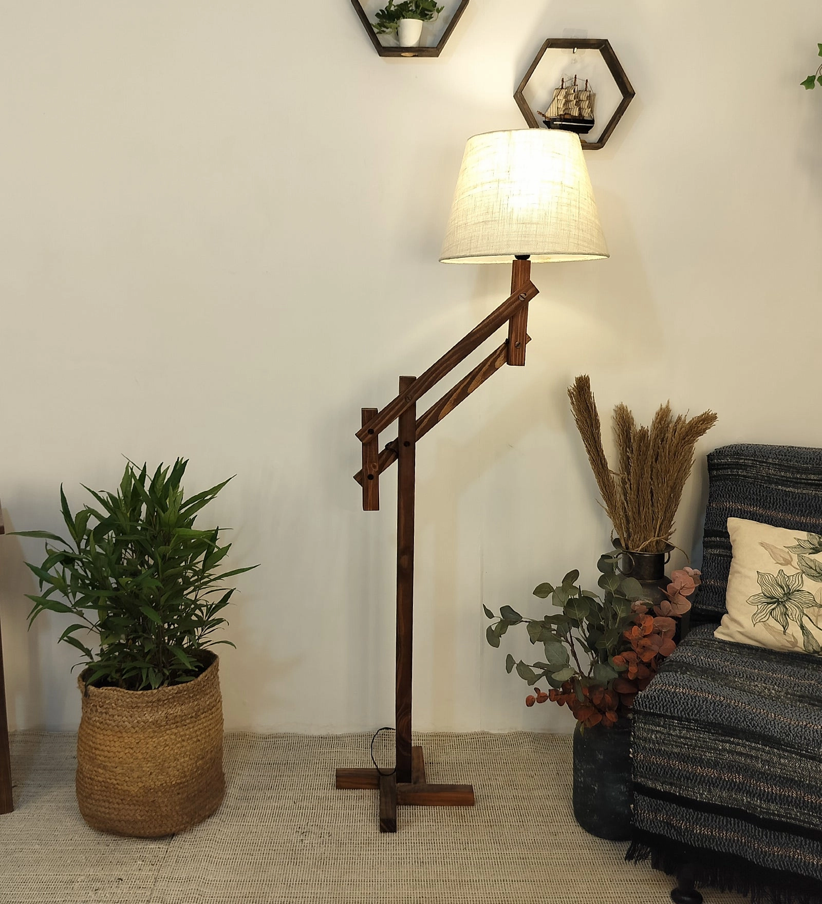 Flamingo Wooden Floor Lamp with Brown Base and Beige Fabric Lampshade garden LED light