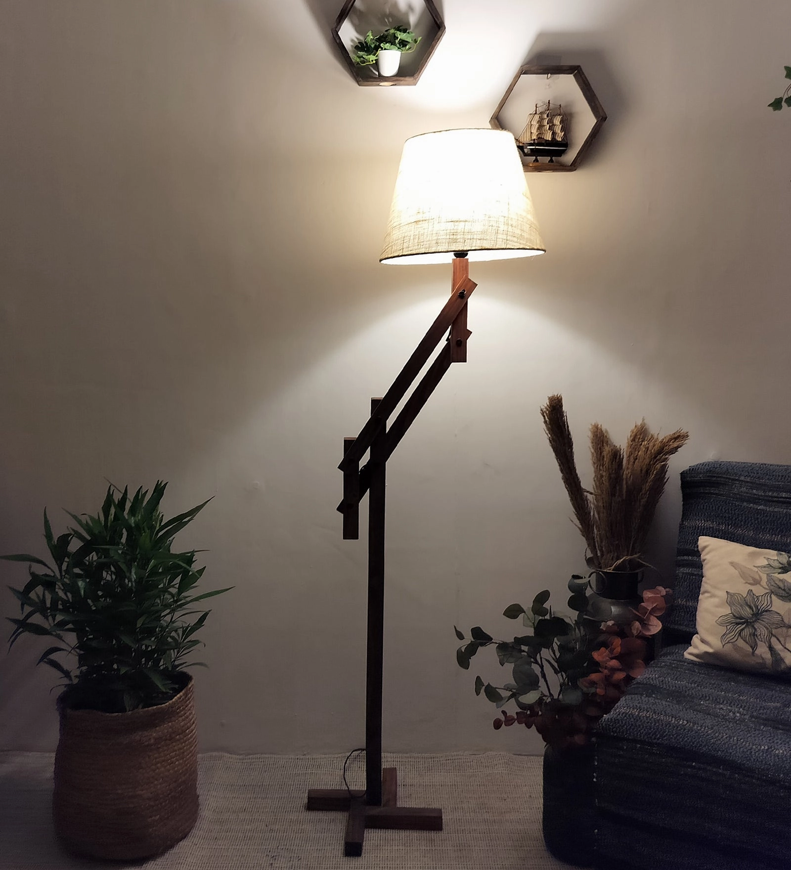 Flamingo Wooden Floor Lamp with Brown Base and Beige Fabric Lampshade