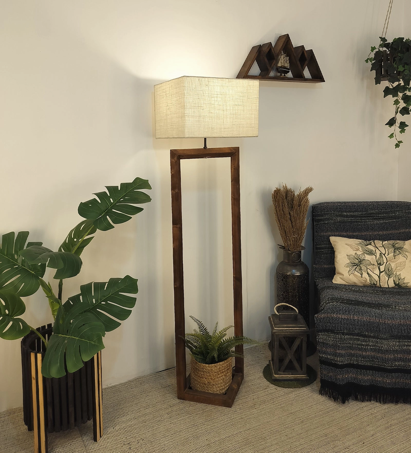 Flex Wooden Floor Lamp with Brown Base and Beige Fabric Lampshade (BULB NOT INCLUDED)