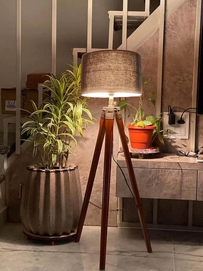 Floor Lamp for Living Room, Bed Room with Wooden Crafter Stand, Modern Decorative Lamp in Black Shade Brown Stand (Bulb Included) garden LED light