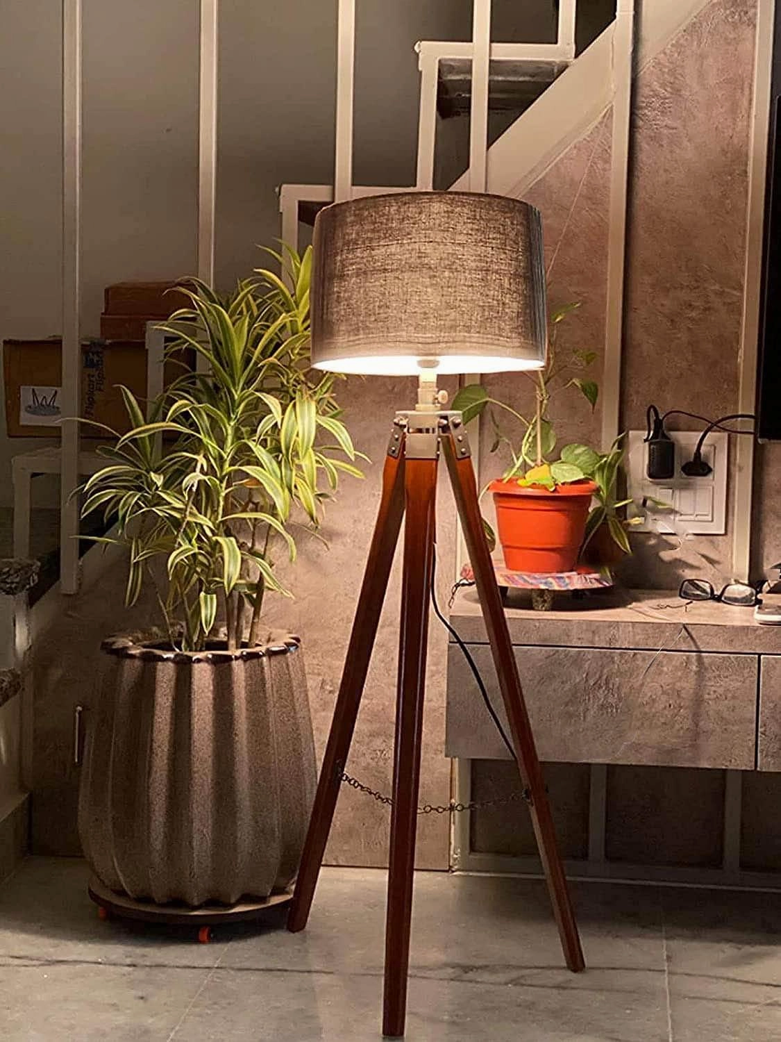 Floor Lamp for Living Room, Bed Room with Wooden Crafter Stand, Modern Decorative Lamp in Black Shade Brown Stand (Bulb Included) garden LED light