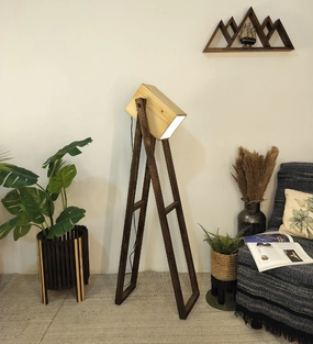 Focal Wooden Floor Lamp with Brown Base and Beige Wooden Lampshade (BULB NOT INCLUDED) garden LED light