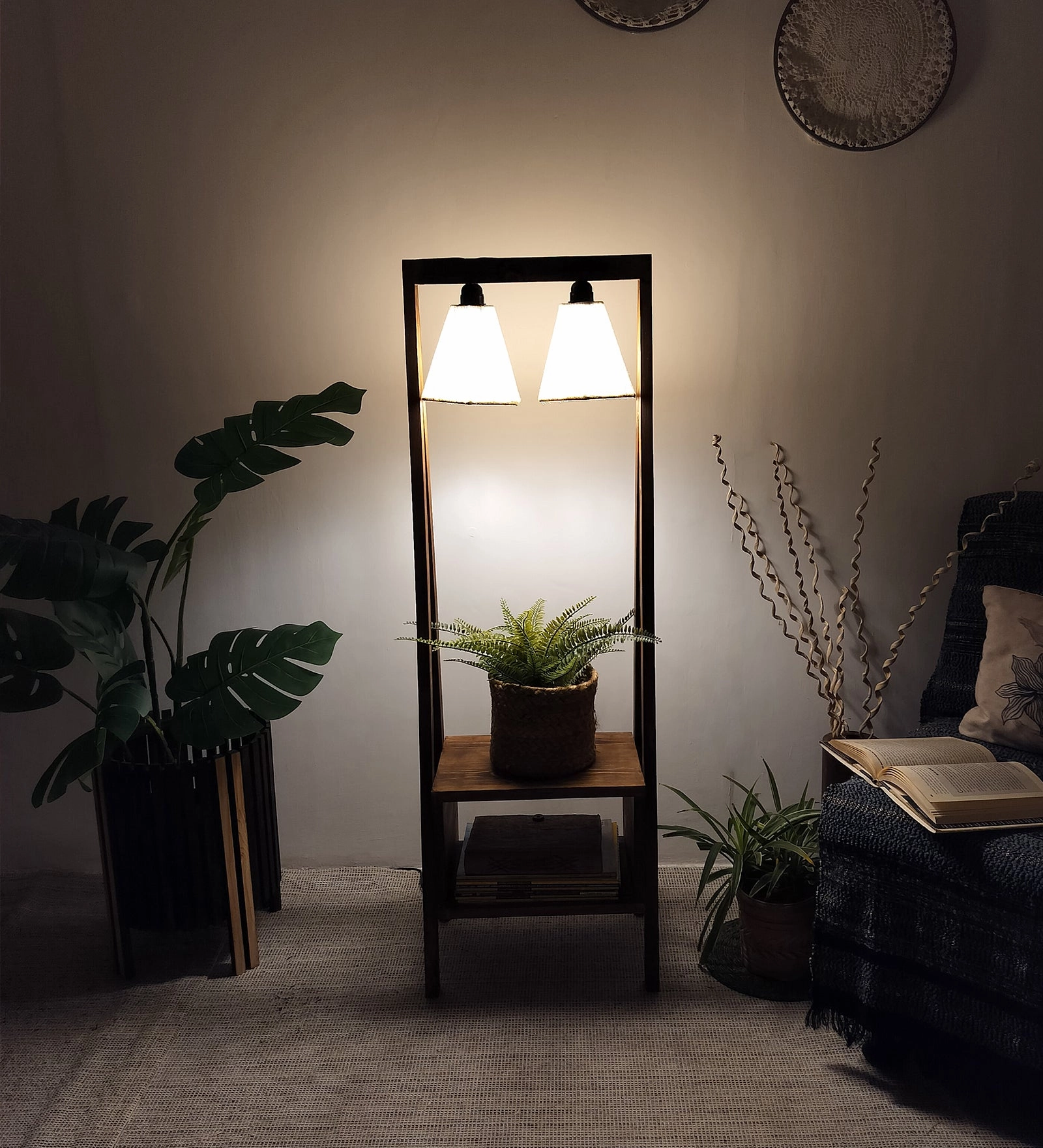 Francis Wooden Floor Lamp with Brown Base and Jute Fabric Lampshade (BULB NOT INCLUDED)