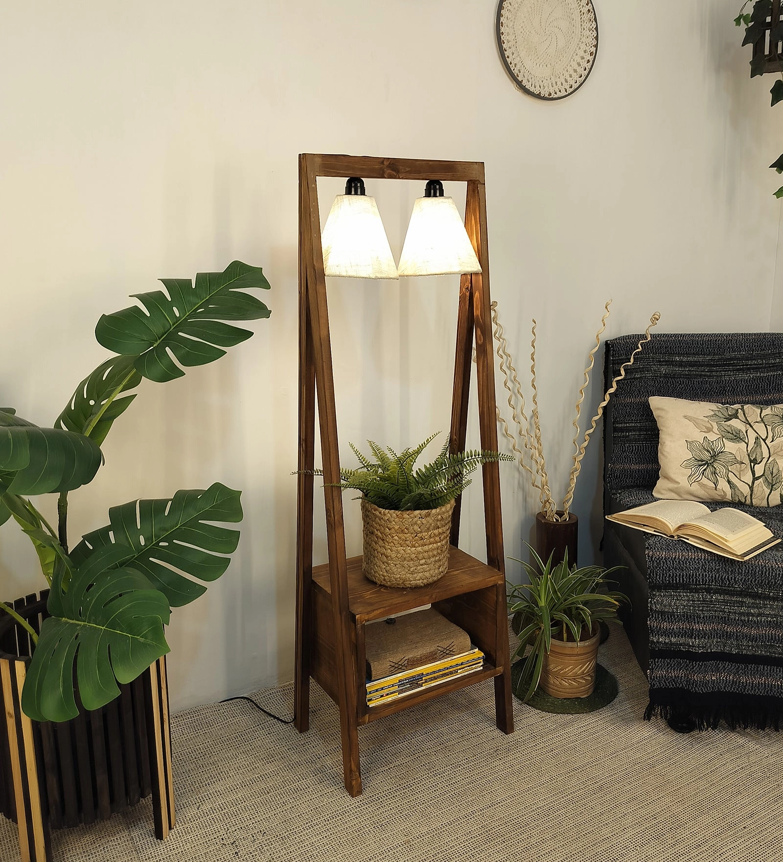 Francis Wooden Floor Lamp with Brown Base and Jute Fabric Lampshade (BULB NOT INCLUDED)