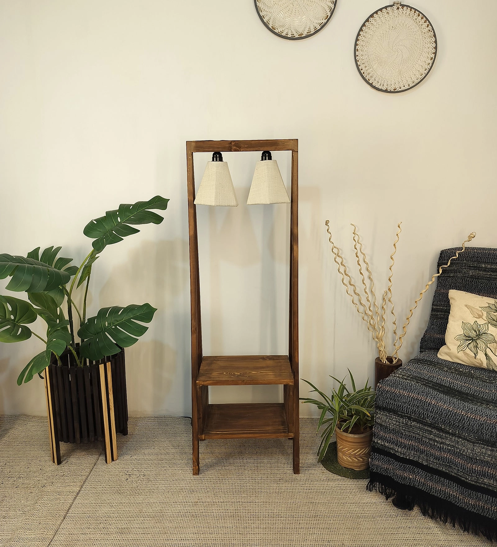 Francis Wooden Floor Lamp with Brown Base and Jute Fabric Lampshade (BULB NOT INCLUDED) garden LED light