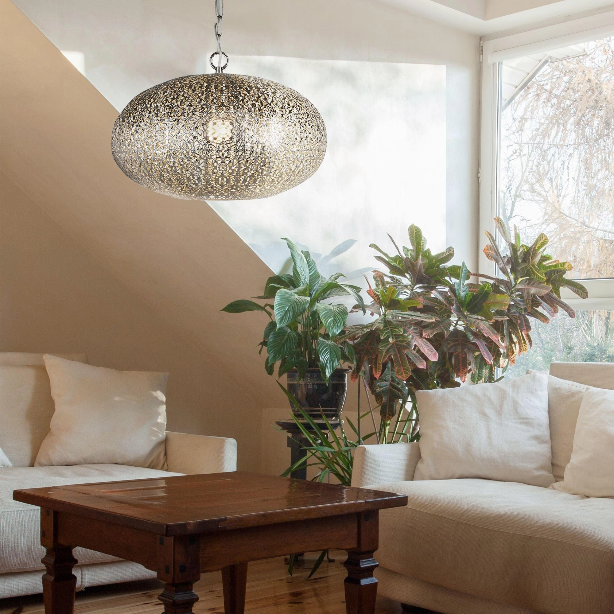 Fretwork 1 Light Moroccan Inspired Nickel Ceiling Pendant