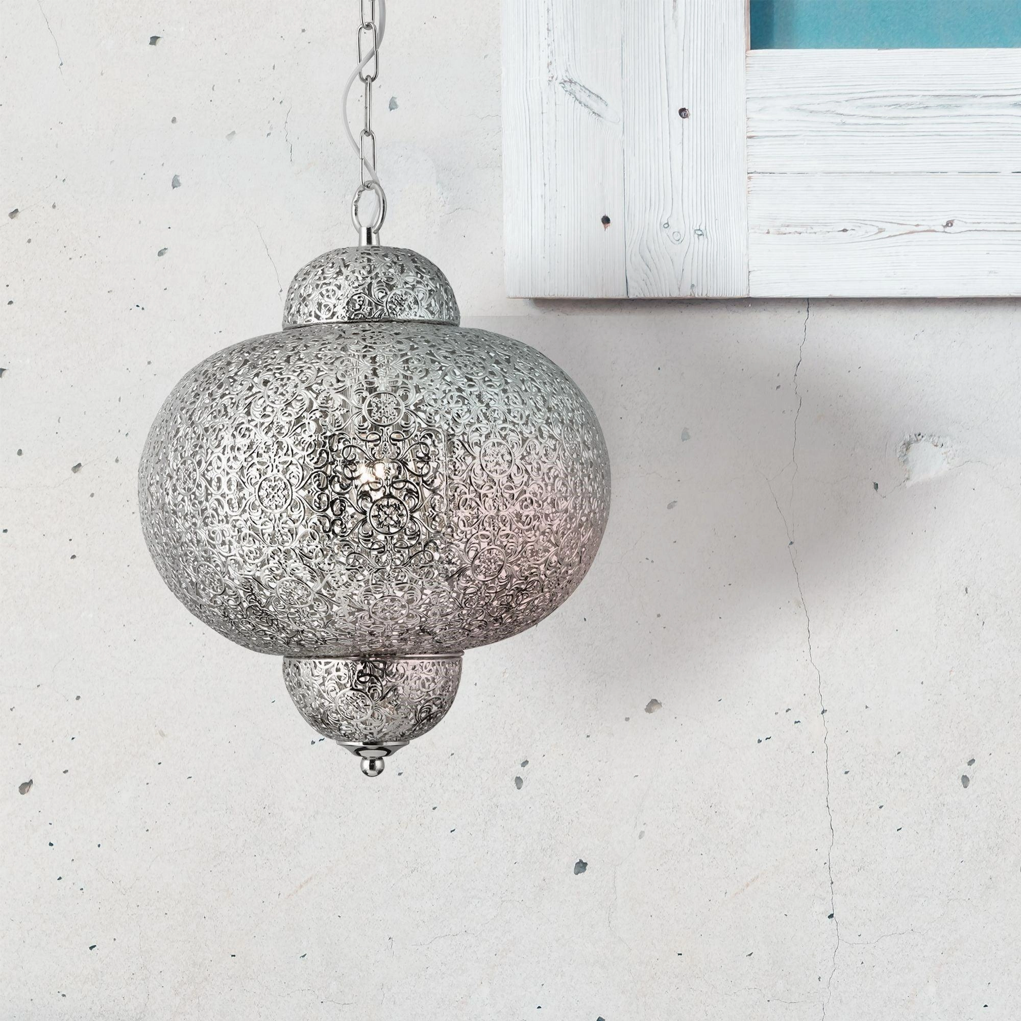Fretwork 1 Light Moroccan Inspired Shiny Nickel Pendant