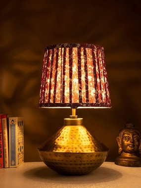 Golden Hammered Urn Lamp with Pleeted Multicolor Maroon Shade Louis Poulsen chandelier