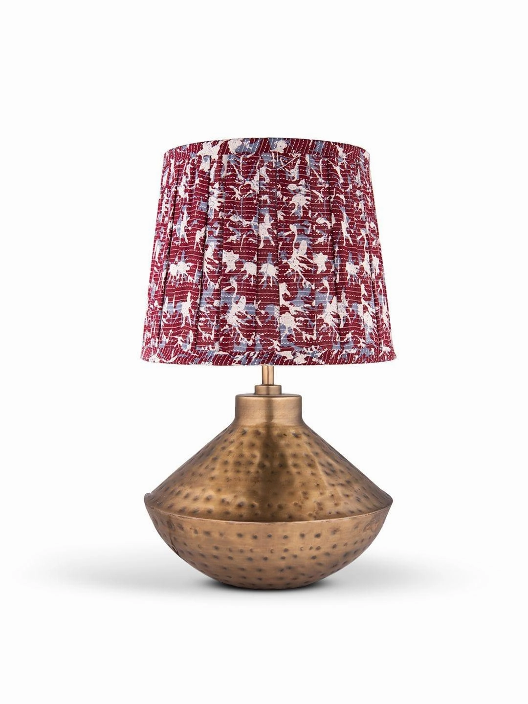 Golden Hammered Urn Lamp with Pleeted Multicolor Maroon Shade